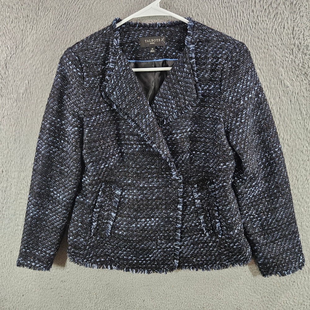 Talbots Petites Navy Blue Tweed Boucle Fringe Trim Metallic Jacket 2P